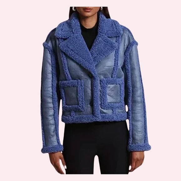NWT 7 For All Mankind Faux Suede Cerulean Blue Sherpa Jacket